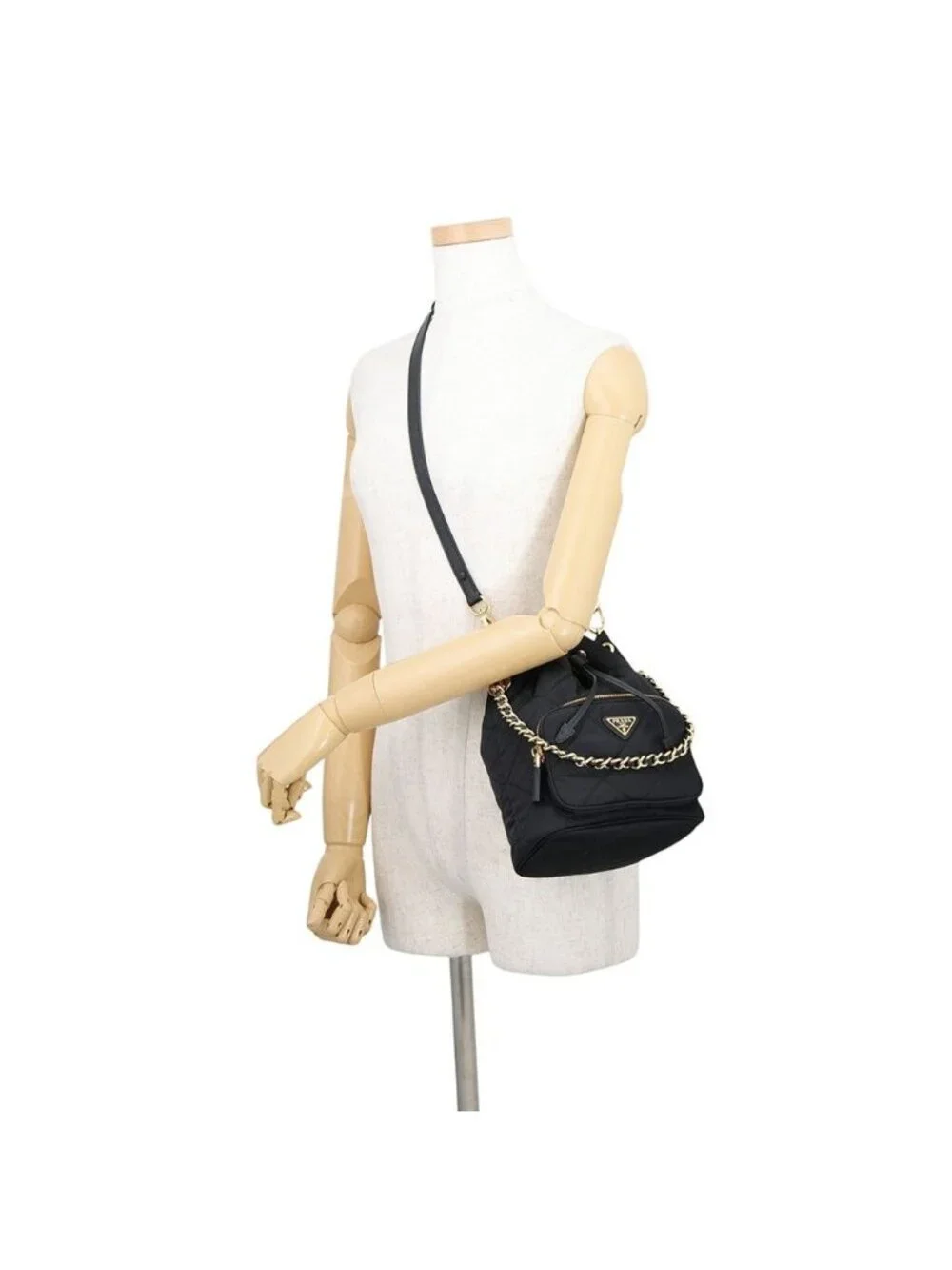 Prada Duet Drawstring Triangle Logo Nylon Leather 2-Way Shoulder Bag Black